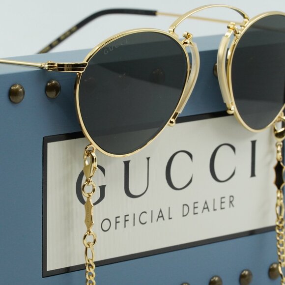 Gucci GG1034S 002 Geometric Sunglasses - Gold with Chain/Grey - Picture 4 of 10